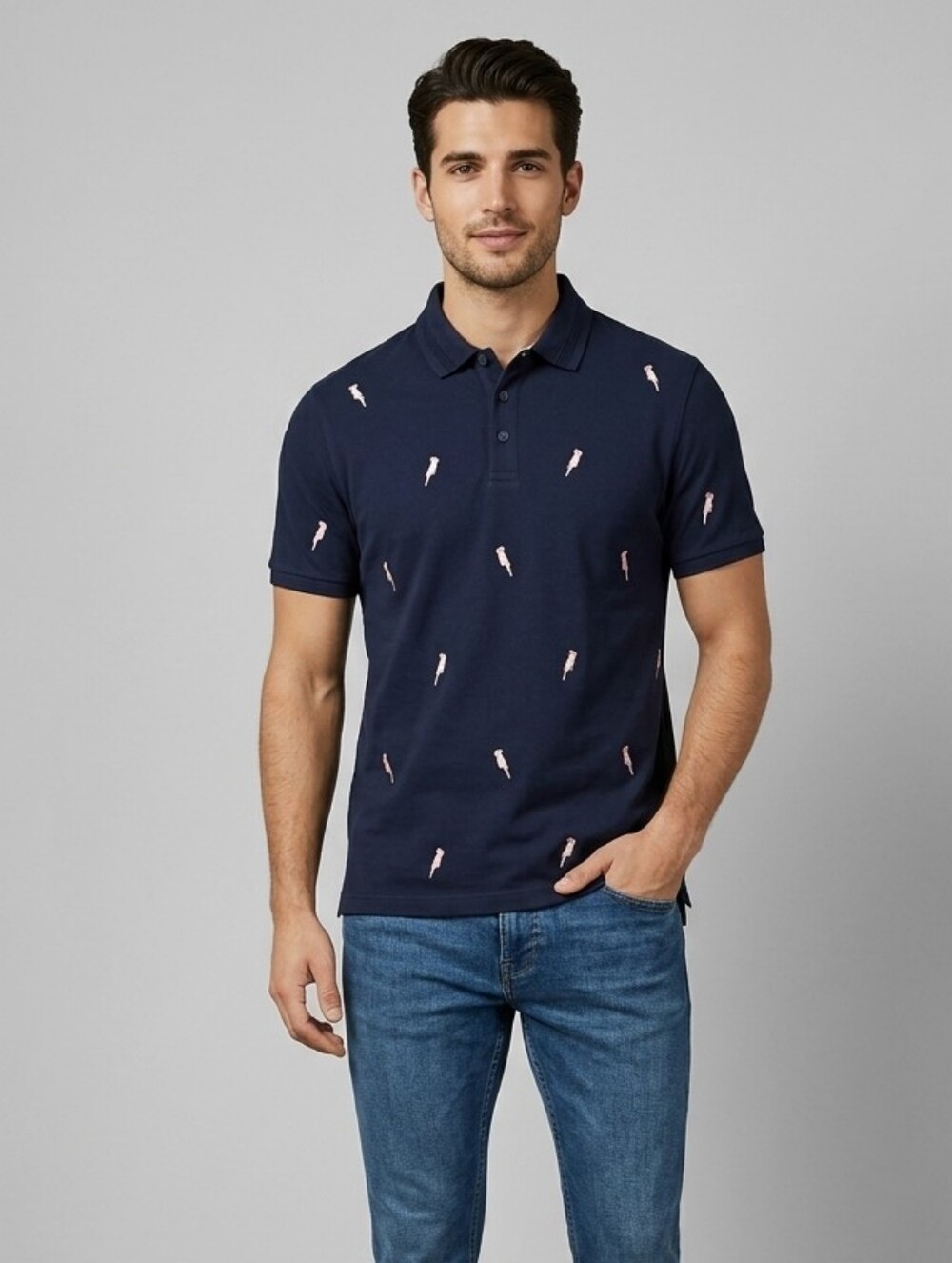 Ted Baker Navy Polo with Pink Parrot Embroidery Size 4